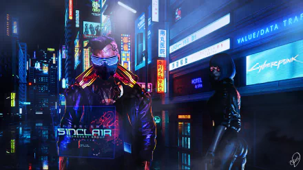 Futuristic sci-fi cyberpunk 4K Ultra HD PC desktop wallpaper: neon-lit megacity at night, two hooded figures in glowing visors and tech armor walking beneath holographic signs.