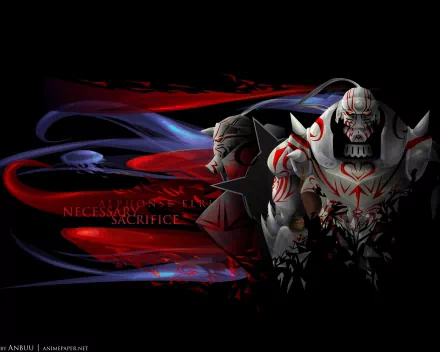 HD wallpaper featuring Alphonse Elric from the anime Fullmetal Alchemist, displaying dynamic red and blue graphics with the text Necessary Sacrifice.