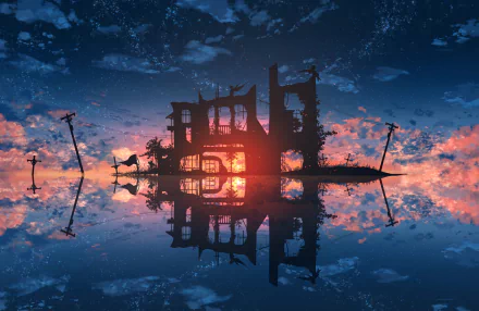 A stunning HD desktop wallpaper featuring an Anime-inspired scene with the reflection of a silhouetted angel, ruins, and power lines at sunset over water.