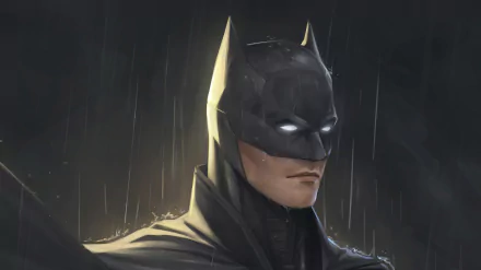 HD PC desktop wallpaper featuring a close-up of Batman from DC Comics, showcasing his iconic cowl and intense gaze in a dark, rainy atmosphere.
