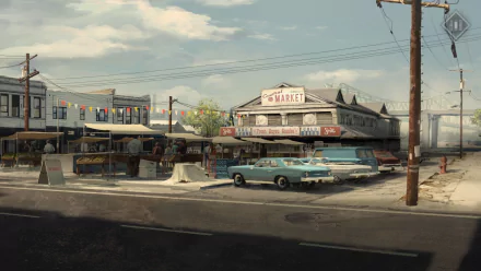 Mafia III video game HD PC desktop wallpaper: sunlit 1960s waterfront market with vintage cars and stalls, moody noir atmosphere.