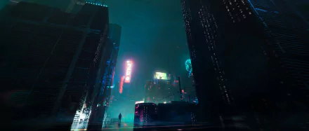 A cyberpunk cityscape at night with towering neon-lit skyscrapers and a lone figure, designed as a high-definition sci-fi PC desktop wallpaper.