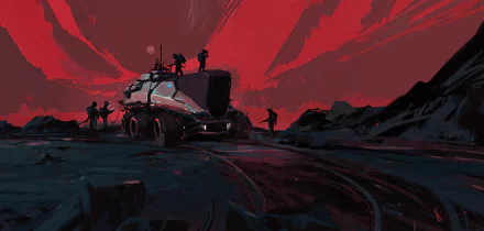 Futuristic Sci-Fi exploration vehicle and silhouetted crew on an alien plain under a crimson sky — HD PC desktop wallpaper and background.