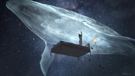 A serene anime scene features a person on a bed beneath a starry sky, gazing at a majestic whale soaring above, creating a dreamlike atmosphere.