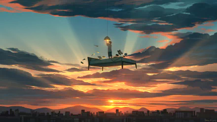 A serene sunset scene featuring a bed suspended in the sky, illuminated by soft light, with vibrant clouds and distant mountains. An original anime-style HD wallpaper.