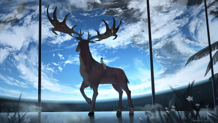 Anime-style HD desktop wallpaper featuring a majestic deer silhouetted against a stunning view of Earth from space.