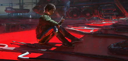 Sci-fi HD PC desktop wallpaper: a woman in a green jacket sits on a glowing red hangar floor, studying a handheld device beneath a massive starship, steam and industrial lights around her.
