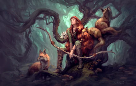 A fantasy scene of a long-haired orange-haired woman warrior archer with a bow, accompanied by a fox, set in a mystical forest for a 4K Ultra HD desktop background.