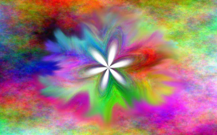 Abstract, colorful HD PC desktop wallpaper: a radiant white-petaled flower at the center amid swirling rainbow clouds and a vivid color explosion.