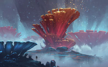 4K Ultra HD PC desktop wallpaper: sci-fi exploration scene with two tiny figures on a misty alien plain facing towering bioluminescent, mushroom-like spires beneath a starry sky.