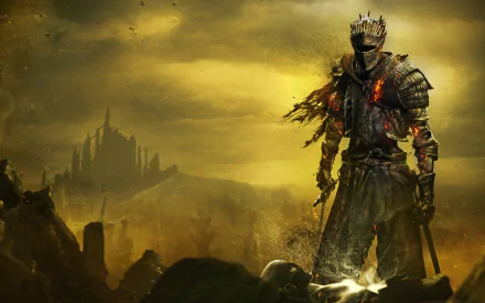 HD desktop wallpaper of Dark Souls III, featuring a warrior in dark, intricate armor standing in a desolate, yellow-tinted landscape with a distant, imposing castle in the background.