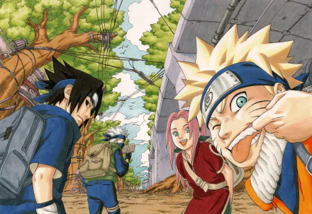 HD PC desktop wallpaper featuring Naruto Uzumaki, Sasuke Uchiha, Sakura Haruno, and Kakashi Hatake from the anime Naruto in a vibrant outdoor setting.