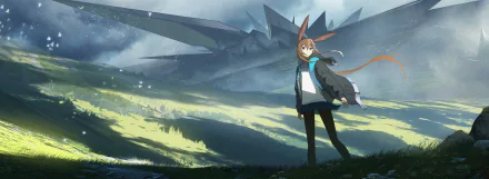 Amiya (Arknights) stands on a windswept grassy plain before a ruined structure under a dramatic sky — 2K Quad HD PC desktop wallpaper, Arknights video game art.