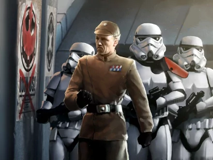 HD Sci-Fi Star Wars PC desktop wallpaper featuring an Imperial officer flanked by stormtroopers in a dimly lit corridor with Empire insignia on the walls.