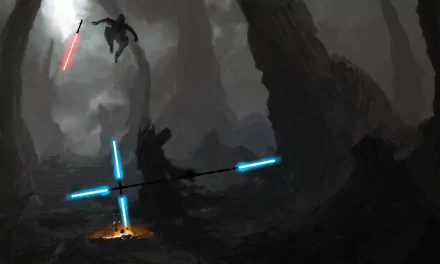 HD Sci-Fi Star Wars desktop wallpaper depicting a dark forest duel with characters wielding glowing red and blue lightsabers in a dramatic action scene.