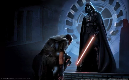 HD desktop wallpaper featuring Darth Vader with a red lightsaber standing over a kneeling Starkiller, set against the Death Star backdrop from the game Star Wars: The Force Unleashed.