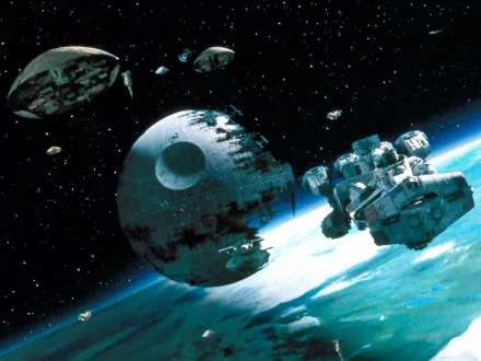 A mesmerizing HD wallpaper featuring the iconic Death Star surrounded by asteroids, capturing the essence of sci-fi in the Star Wars universe. A stunning cosmic backdrop for any desktop.
