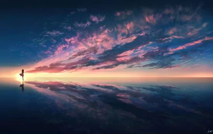 Anime-style HD desktop wallpaper showing a vibrant sunset horizon with colorful clouds reflected on a calm surface, creating a serene and immersive atmosphere.