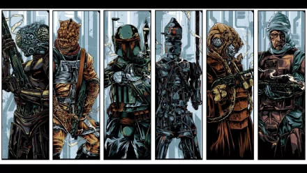 A vibrant HD wallpaper featuring iconic Star Wars bounty hunters: 4-Lom, Dengar, IG-88, Zuckuss, Bossk, and Boba Fett, set against a sci-fi backdrop.