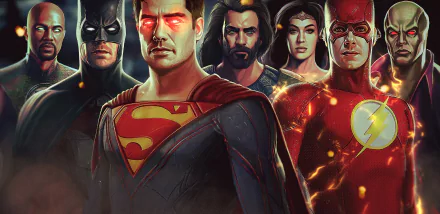 2K Quad HD PC desktop wallpaper: DC Comics Justice League — Superman center, flanked by Batman, Wonder Woman, Aquaman and Flash in a dramatic comic-style portrait.