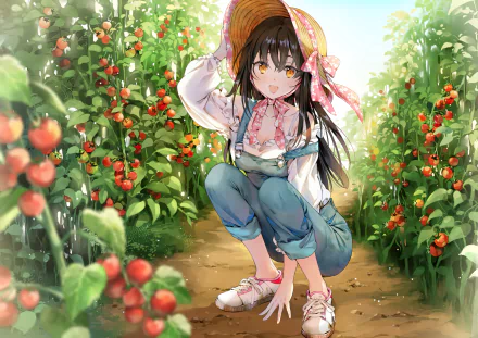 Anime original: girl in a straw hat and ribbons crouches among sunlit berry bushes, wearing overalls — HD PC desktop wallpaper background.