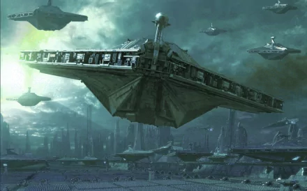 A dramatic HD depiction of a Star Destroyer from the Star Wars universe, set against a sci-fi backdrop with multiple spacecraft and a vibrant green light.