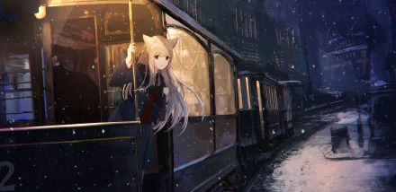 Anime-style blonde character with animal ears and long hair, looking out from a vintage train into a snowy night. The scene is a HD desktop wallpaper background, capturing the essence of snowfall and serene travel.