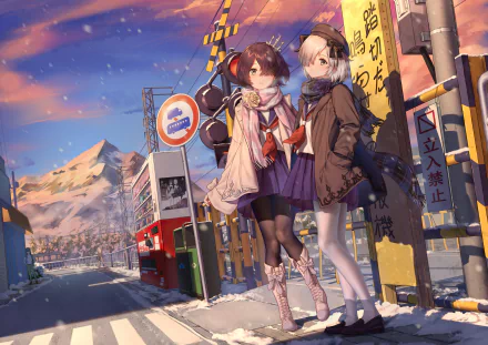 Anime original 2K Quad HD PC desktop wallpaper/background: two schoolgirls in winter coats and scarves stand at a snowy bus stop with city signs and mountains at sunset.