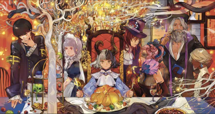 HD anime original artwork featuring a fantasy banquet scene with diverse characters gathered around a table, rich in vibrant colors and intricate details.
