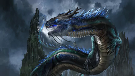 HD PC desktop wallpaper featuring a majestic Chinese dragon with glowing blue accents soaring in a dark, fantasy landscape under a stormy sky.