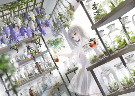 Anime-style original HD desktop wallpaper depicting a girl with silver hair in a bright, botanical lab filled with hanging purple flowers and glass jars.