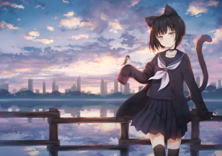 HD anime desktop wallpaper featuring an original cat girl in a school uniform holding a bird, set against a serene cityscape at sunset.