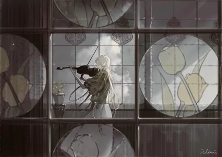 Anime violinist playing by a rain-streaked window with circular stained-glass panes; muted tones and soft light, musical solitude—HD PC desktop wallpaper/background.