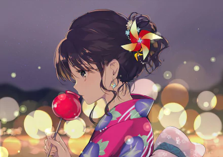 Anime Original 2K Quad HD PC desktop wallpaper/background: young woman in a colorful yukata with a pinwheel hair ornament holding a candied apple against soft night bokeh lights.