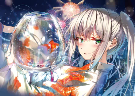 Anime original HD PC desktop wallpaper/background: silver-haired twin-tailed girl cradles a glass bowl of goldfish amid neon lights and fireworks.