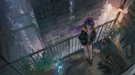 HD anime-style original desktop wallpaper showing a girl with long purple hair standing on a balcony overlooking a futuristic cityscape at dusk.