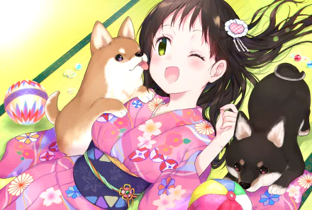 Anime-style HD desktop wallpaper featuring a girl in a vibrant kimono with two playful corgis, surrounded by colorful traditional toys.