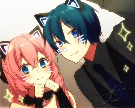 HD PC desktop wallpaper of Vocaloid characters Luka Megurine and Kaito, anime-style closeup with cat-ear headbands, bright blue eyes and playful expressions.