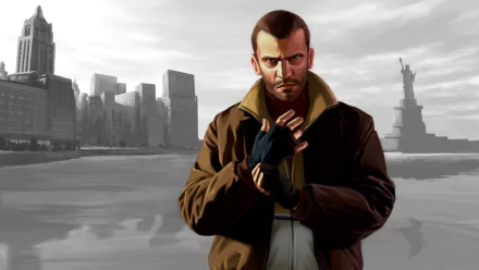 HD PC desktop wallpaper featuring a character from the video game Grand Theft Auto IV with a grayscale cityscape and Statue of Liberty in the background.