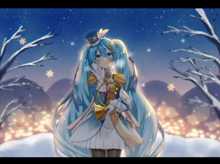 Yuki Miku (Vocaloid) anime HD desktop wallpaper: twin-tailed blue-haired Snow Miku in ornate winter outfit holding a lantern among snowy trees and glowing lights.