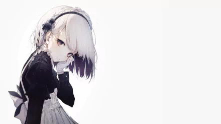 HD wallpaper featuring an original anime character with white short hair, purple eyes, and a maid outfit. She has a dark headband and looks pensively to the side. The right side of the background is white.