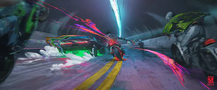 Futuristic sci-fi scene of a car and motorcycle speeding through a glowing tunnel, captured in a dynamic HD PC desktop wallpaper.
