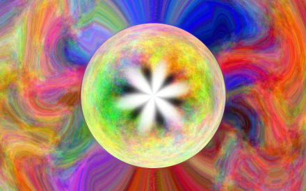 Abstract colorful HD PC desktop wallpaper: swirling rainbow clouds around a luminous iridescent sphere with a white starburst at its center