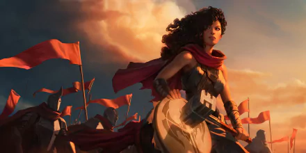 HD PC desktop wallpaper from the video game Legends of Runeterra: a resolute female warrior with a red scarf and ceremonial drum stands before a sunset battlefield lined with red banners.
