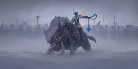 Sejuani (League of Legends, Legends of Runeterra) rides an armored boar through a snowy battlefield — HD PC desktop wallpaper background.