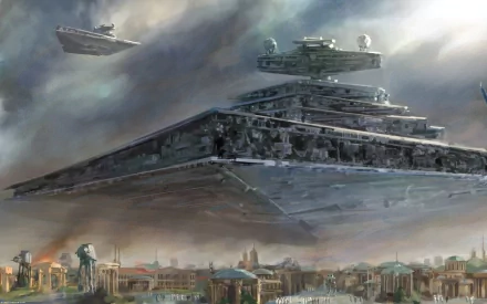 A dramatic HD wallpaper featuring a Star Destroyer from Star Wars, looming over a futuristic cityscape under a turbulent sky, epitomizing sci-fi action and adventure.