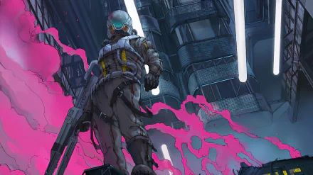 A futuristic sci-fi warrior wields a weapon amid glowing pink smoke and industrial structures, captured in stunning 4K Ultra HD for a dynamic desktop wallpaper.