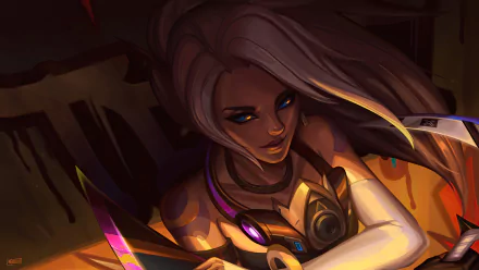 Akali (League of Legends) video game assassin in a dark neon-lit portrait, blades drawn, glowing eyes and purple accents — high-detail 4K Ultra HD PC desktop wallpaper/background.