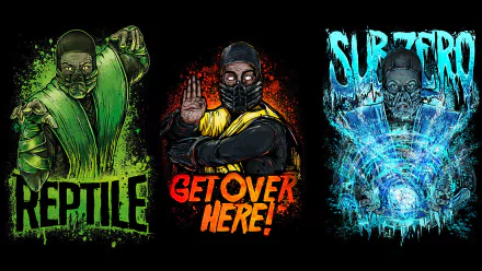 HD PC desktop wallpaper featuring Mortal Kombat characters Reptile, Scorpion, and Sub-Zero with bold colors and signature catchphrases from the video game.