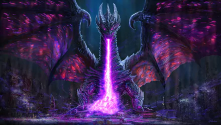 A fierce fantasy dragon unleashes a vibrant purple beam of energy, set against a dark, mystical backdrop in this HD PC desktop wallpaper and background.